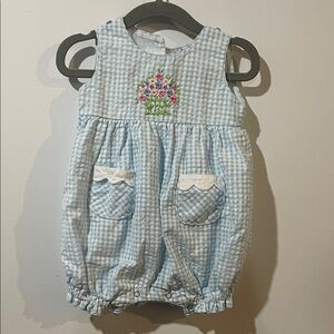 Cotton Kids Blue Gingham Baby Easter Romper with Floral Embroidery - 9 Months